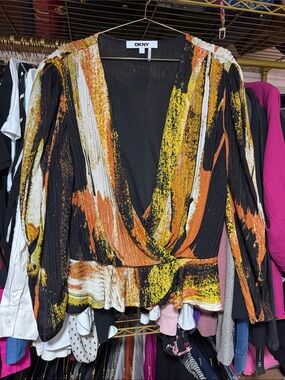 DKNY Black Wrap Blouse with Orange & Yellow Abstract Print